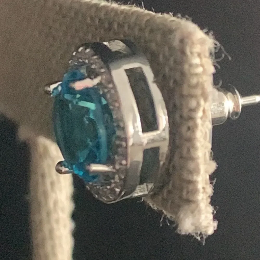 Men’s Aquamarine Blue Halo Stud Earrings Silver Tone